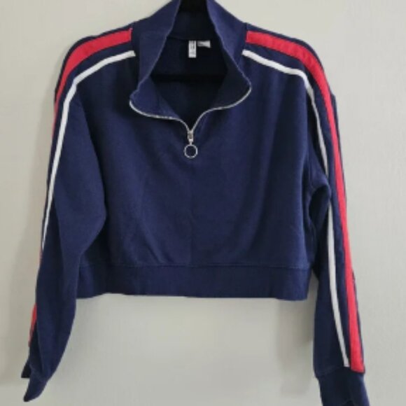 Divided H&M Basic Navy Blue Half-Zip Crop Sweatshirt Red White Stripes Medium - Picture 1 of 6